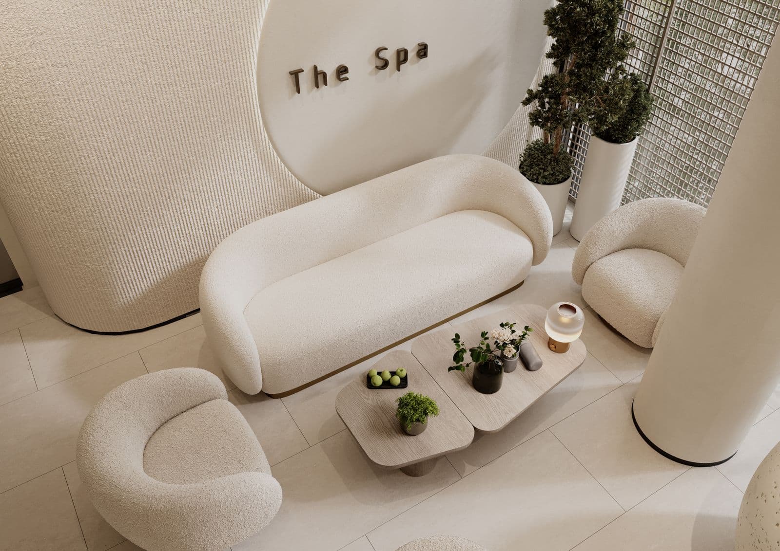 Sala de espera de clínica de estética em tons de creme, com sofás claros e plantas